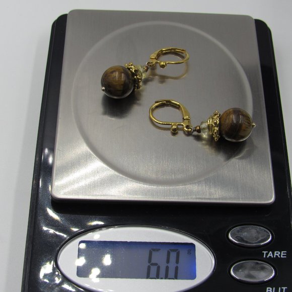 Gold Tone Brown Stone Dangle Earrings Vintage - Picture 4 of 4